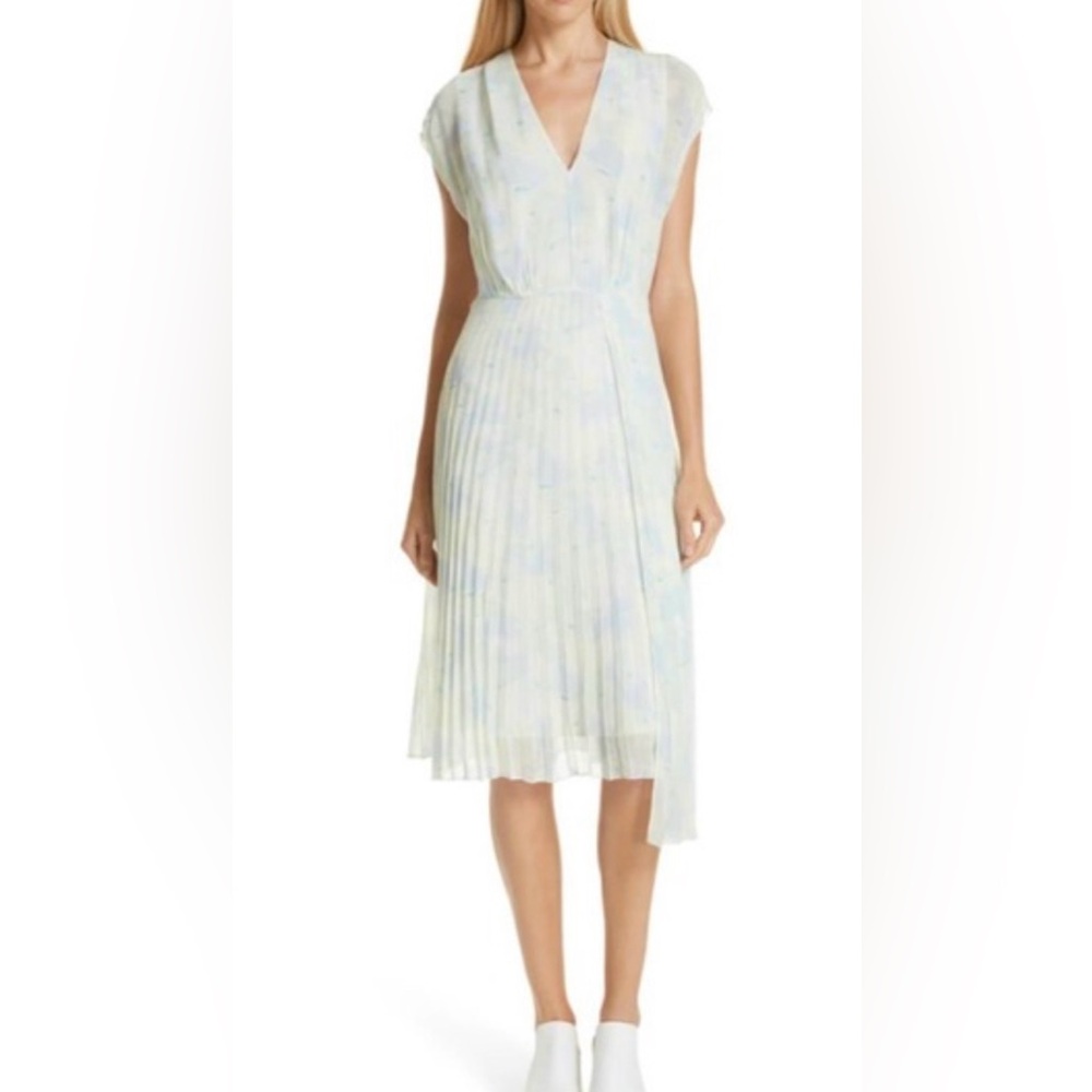 Lewit Chiffon Pastel Floral Midi Dress Pleated Skirt Cap Sleeve